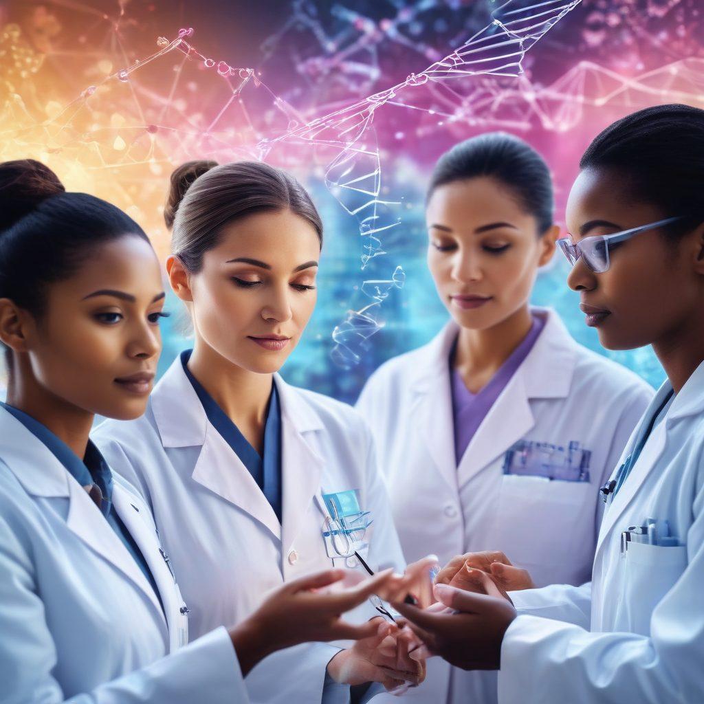 A diverse group of medical professionals collaborating over a glowing holographic display of advanced oncology treatments, surrounded by a serene environment symbolizing hope and healing. In the background, abstract representations of DNA and cancer cells intertwine, suggesting innovation and unity in the fight against cancer. The lighting is warm and inviting, with a focus on teamwork and technology. super-realistic. vibrant colors. white background.