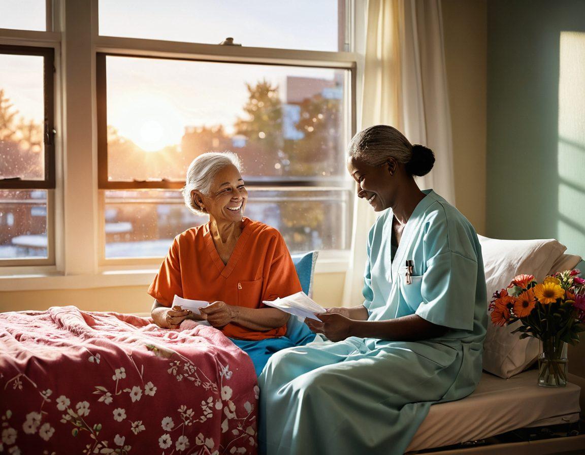 A compassionate scene depicting a patient and caregiver in a brightly lit hospital room, exchanging comforting smiles. The background features a hopeful sunrise visible through a window, symbolizing hope and resilience in cancer care. A table is filled with informational pamphlets, vibrant flowers, and supportive items like a cozy blanket. The atmosphere should convey warmth, trust, and a sense of community. super-realistic. vibrant colors. warm lighting.